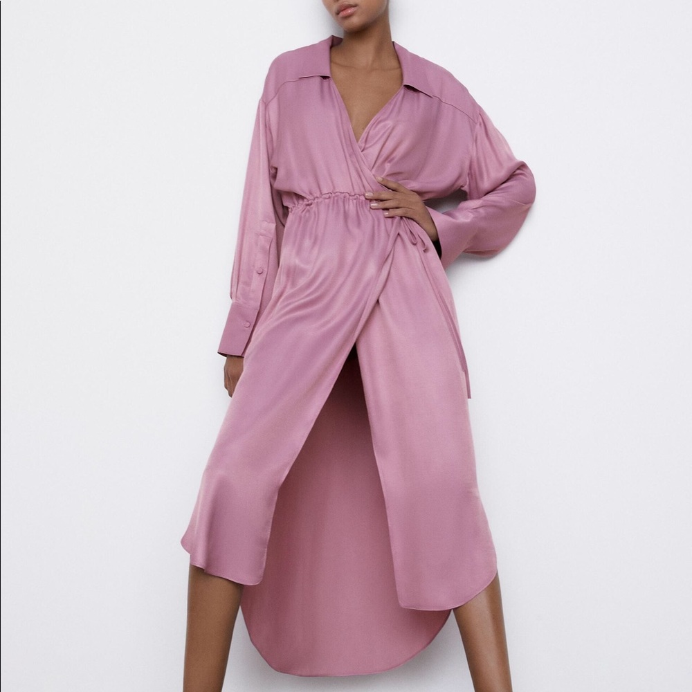 Zara SATIN EFFECT WRAP MIDI V-NECK DRESS Size XS NEW